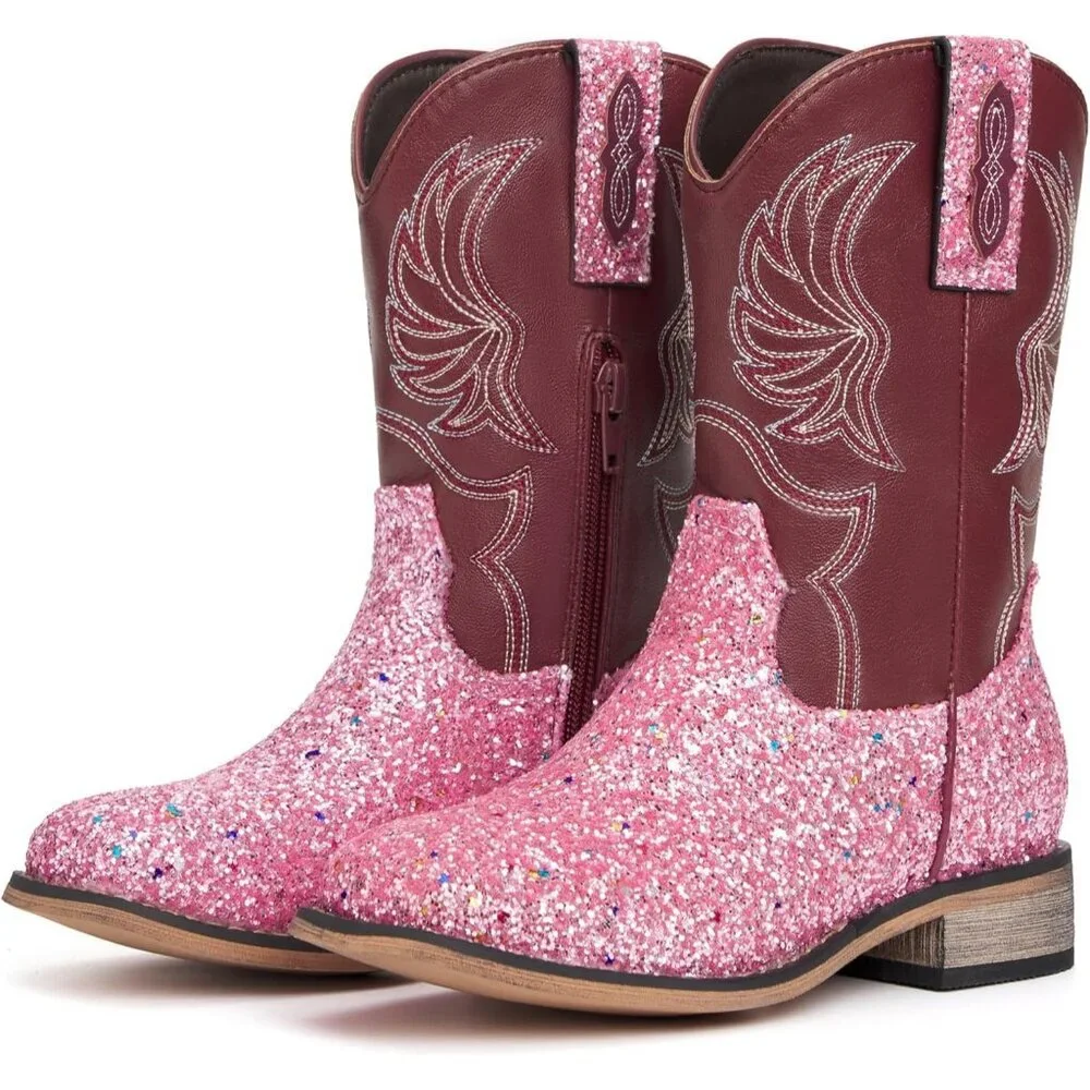 ⚡Girls Pink Sequins Embroidered Cowgirl Boots Western Square Toe Mid Calf